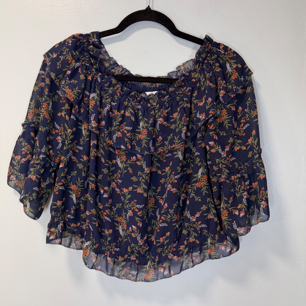 Glam Floral Off The Shoulder Ruffle Blouse Navy Small T1001 Lightweight Boho